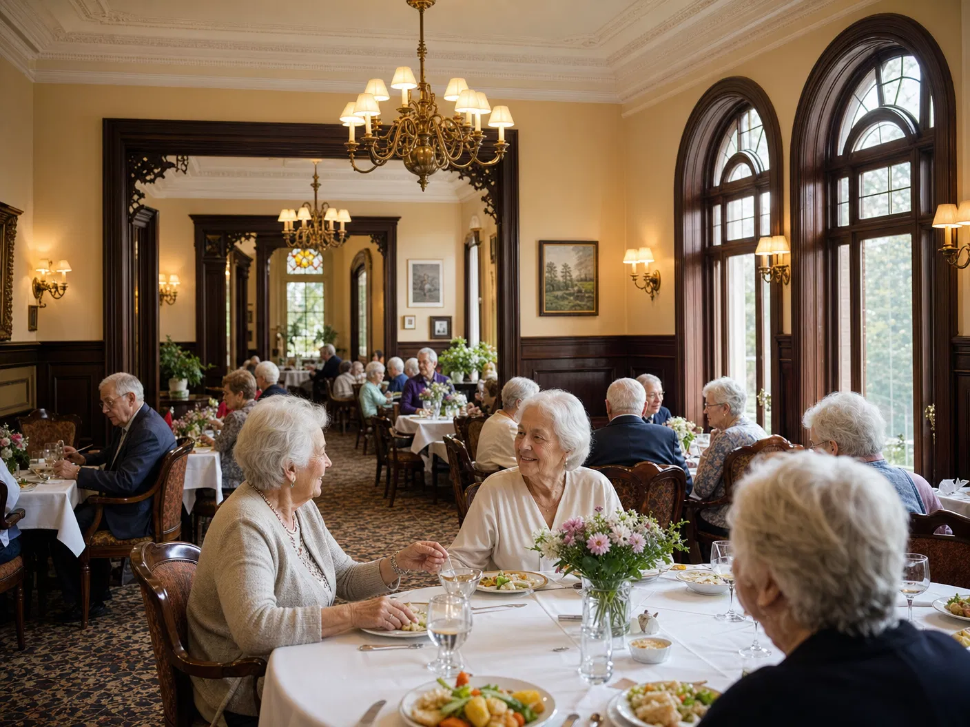 Residents enjoying a meal together in the elegant dining room at Port Perry Memory Care