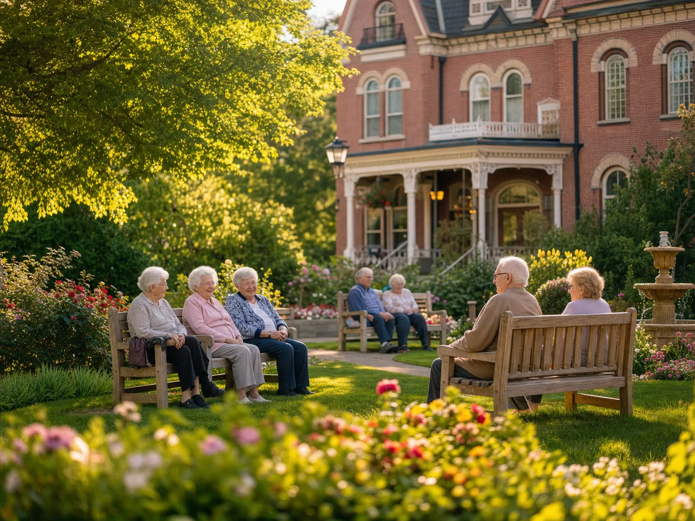 Residents enjoying the beautiful garden at Port Perry Memory Care retirement home