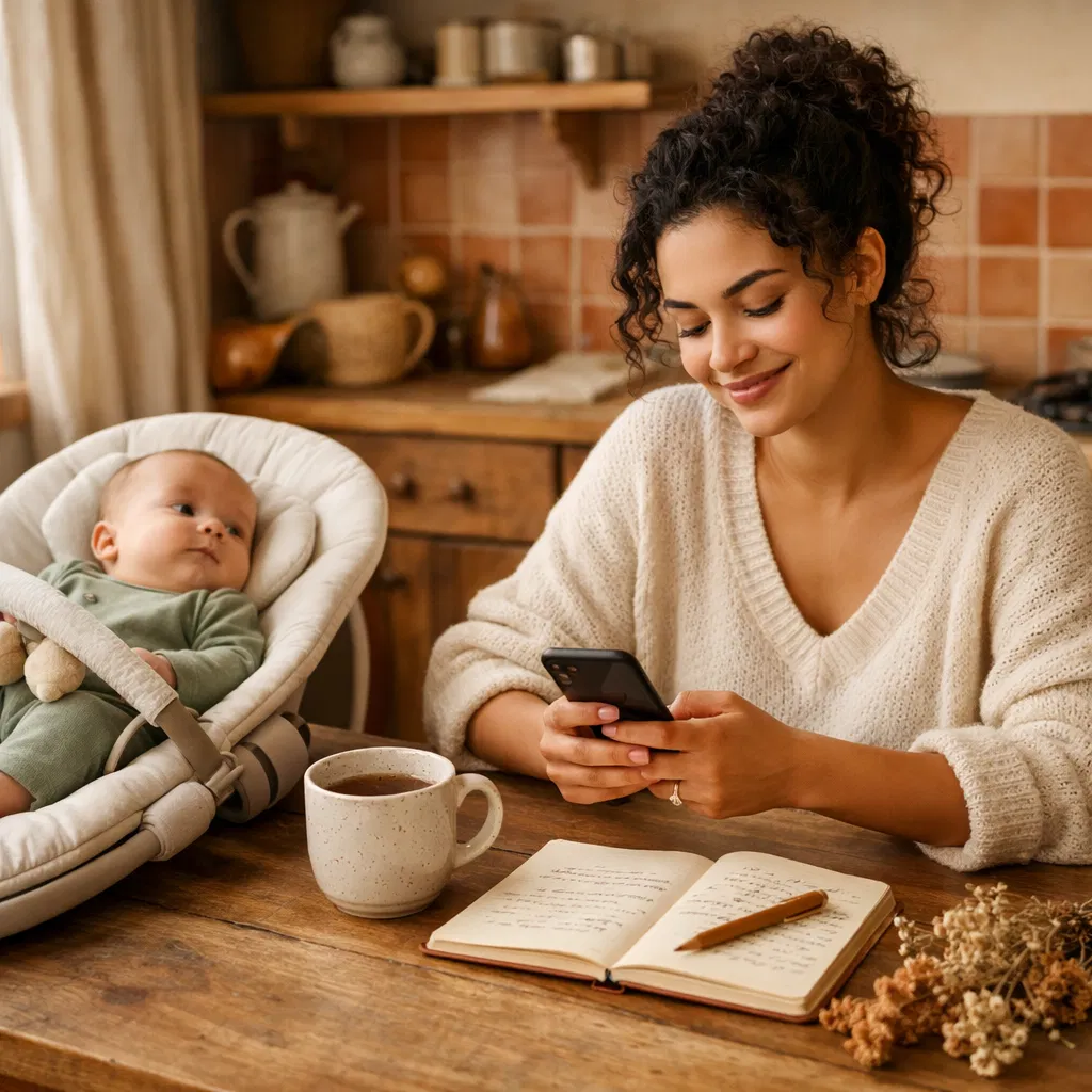 Maryana at her kitchen table with baby nearby