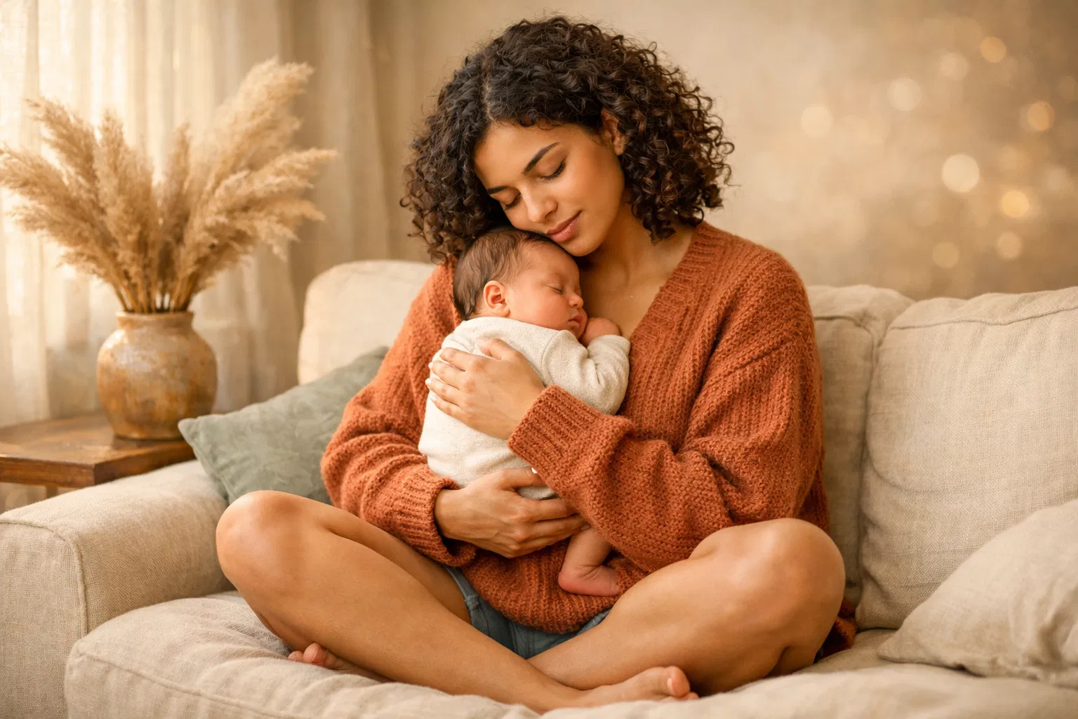 Maryana holding her newborn baby on a cozy couch