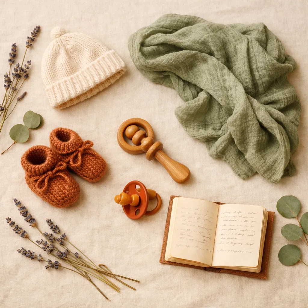 Baby care essentials flat lay