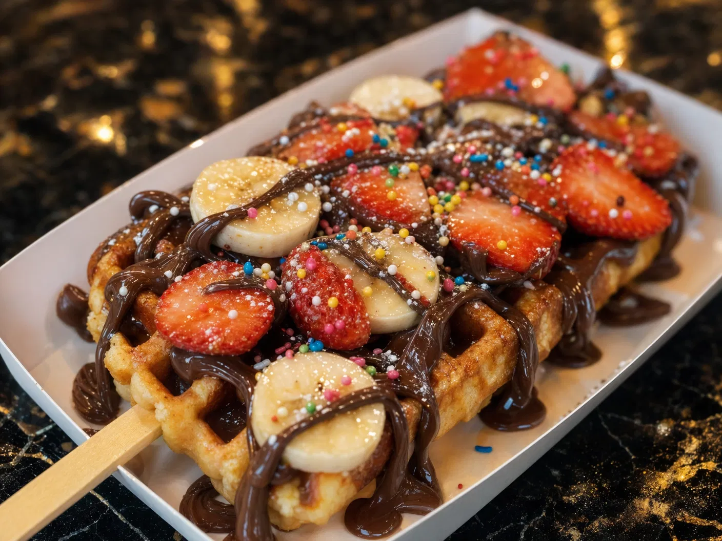 Close-up of waffle on a stick with chocolate drizzle