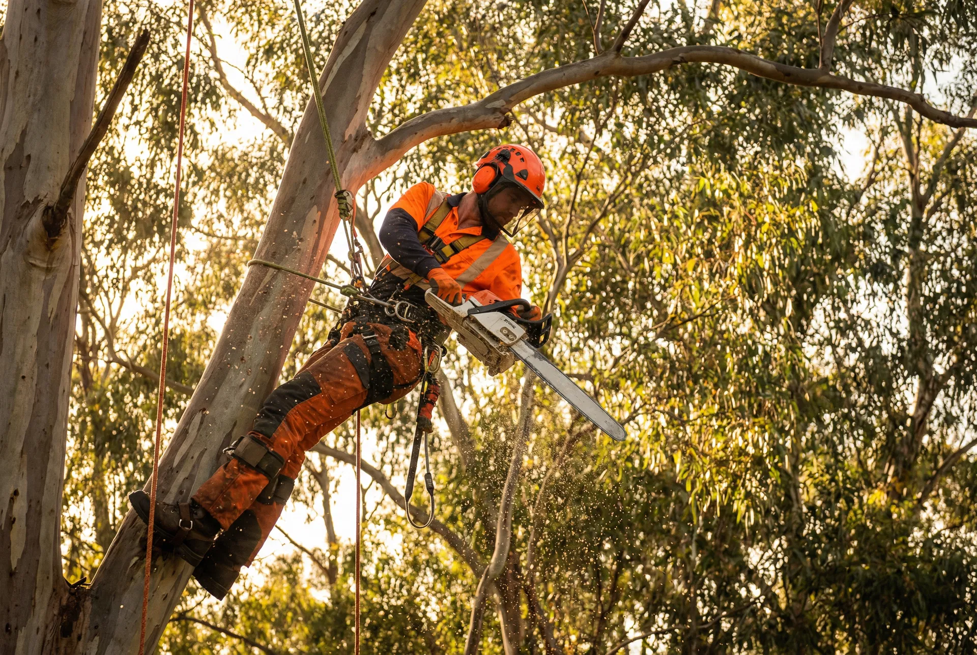 Professional arborist in safety gear working high in a eucalyptus tree