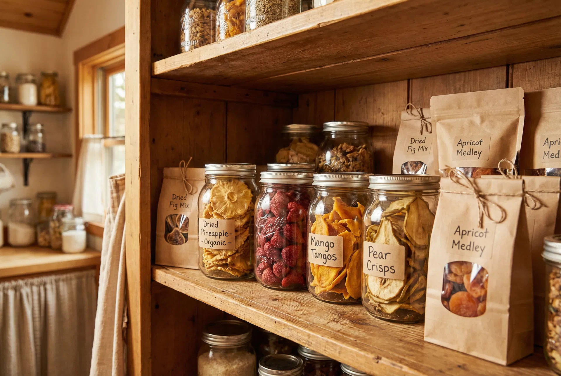 Conservation des fruits déshydratés dans des bocaux en verre sur une étagère en bois