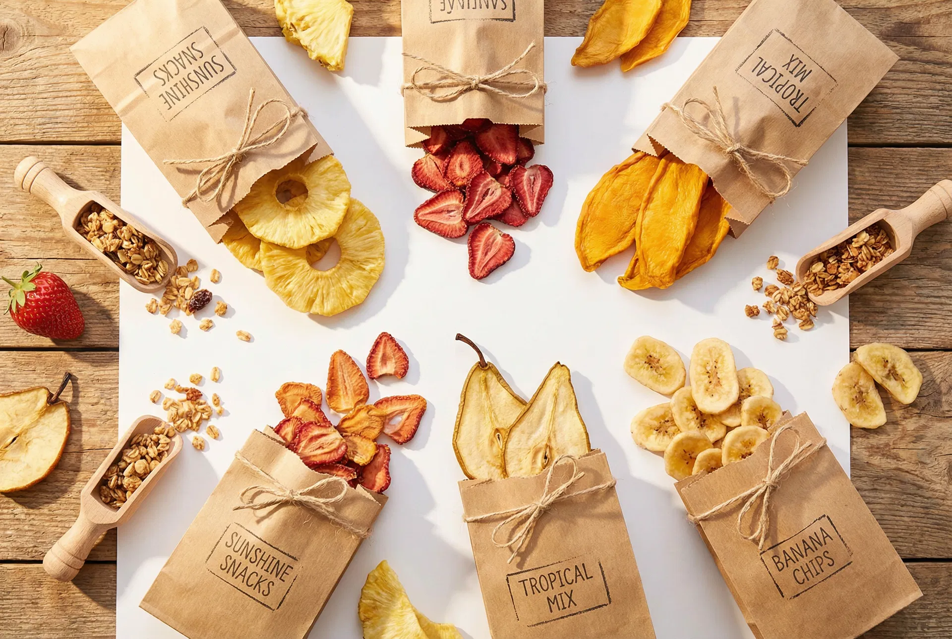 Fruits déshydratés pour les enfants — sachets kraft colorés sur une table en bois