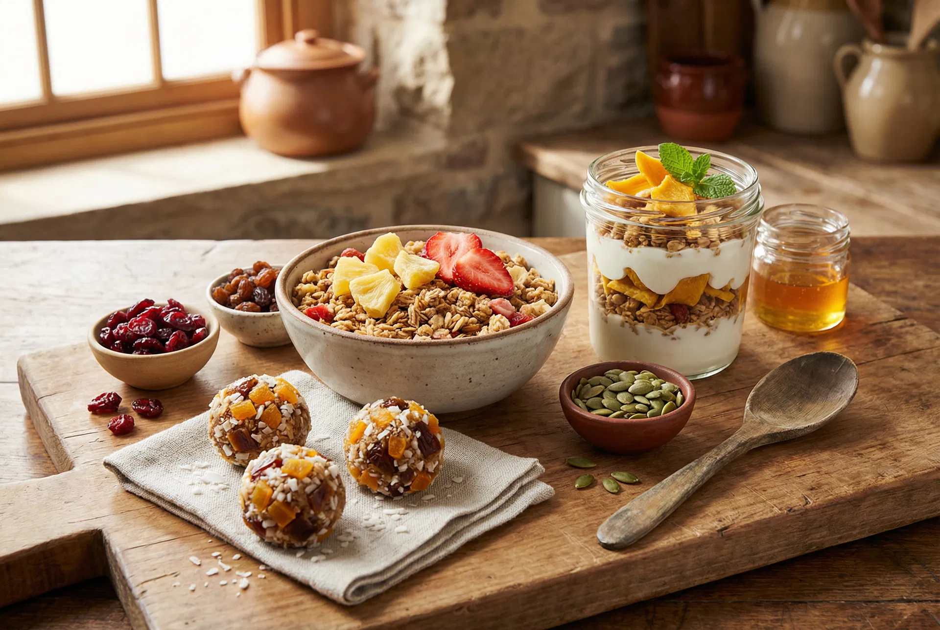 Recettes healthy avec des fruits déshydratés KROK — granola, energy balls, yaourt