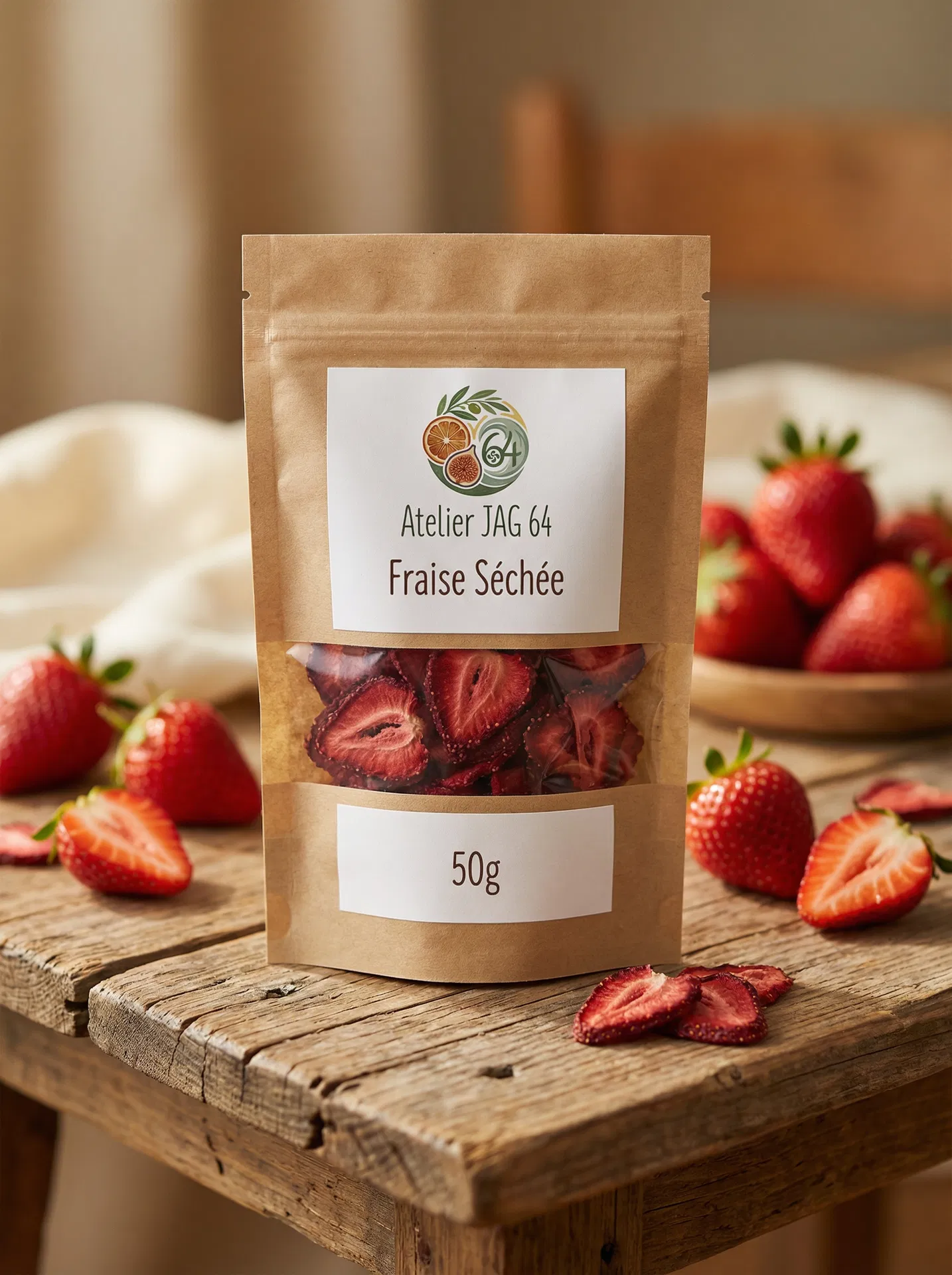 Sachet de Fraise séchée artisanale Atelier JAG 64 Biarritz - fruits séchés naturels 50g
