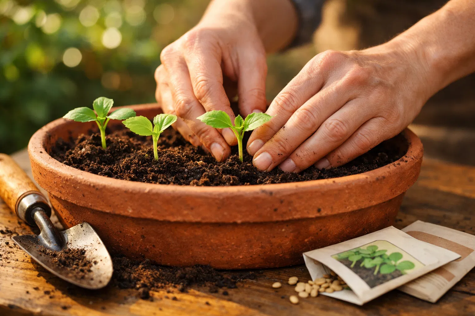 Hands planting seedlings in garden