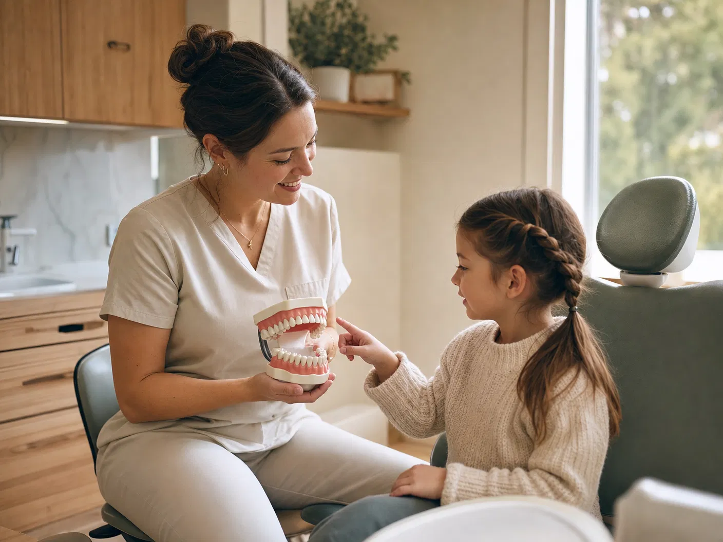 A hygienist showing a tooth model to a young patient in a sunlit operatory
