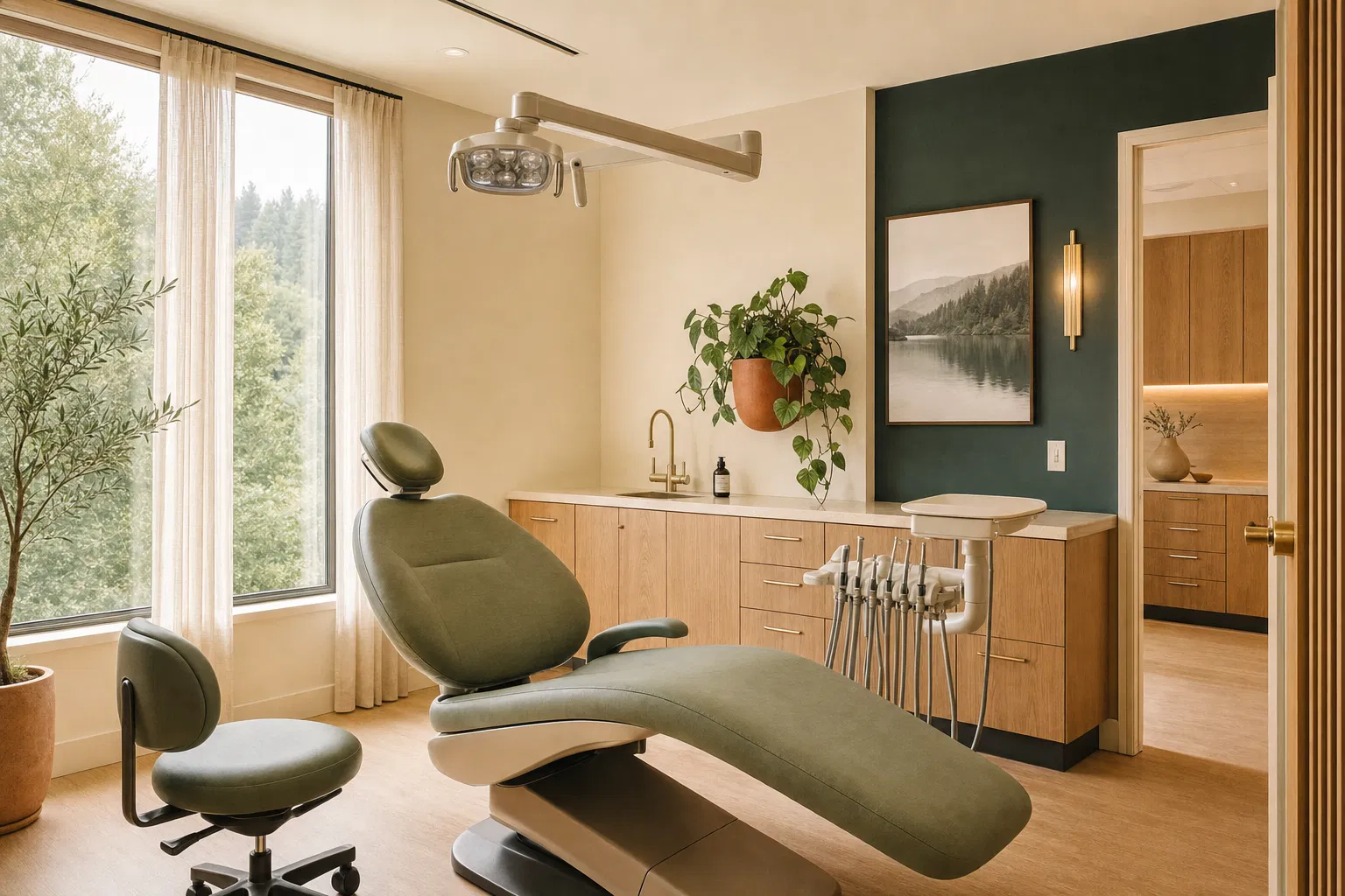 Warm, plant-filled dental operatory with sage upholstery and a window onto Pacific Northwest evergreens