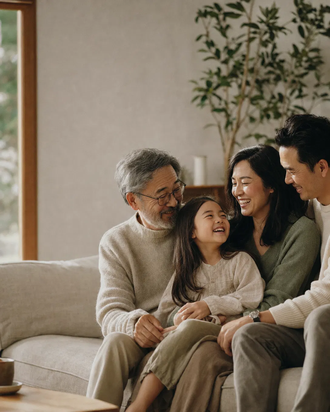 A multigenerational family laughing together in a sunlit living room