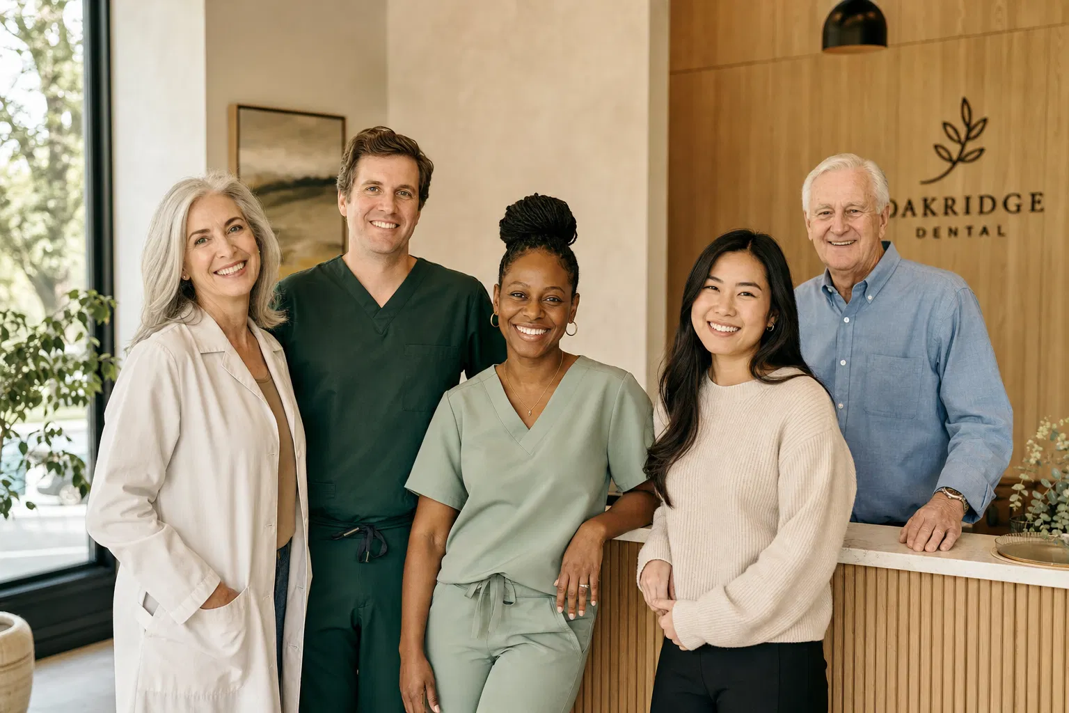 The Wendel Family Dental team standing together in their warm, oak-panelled reception area