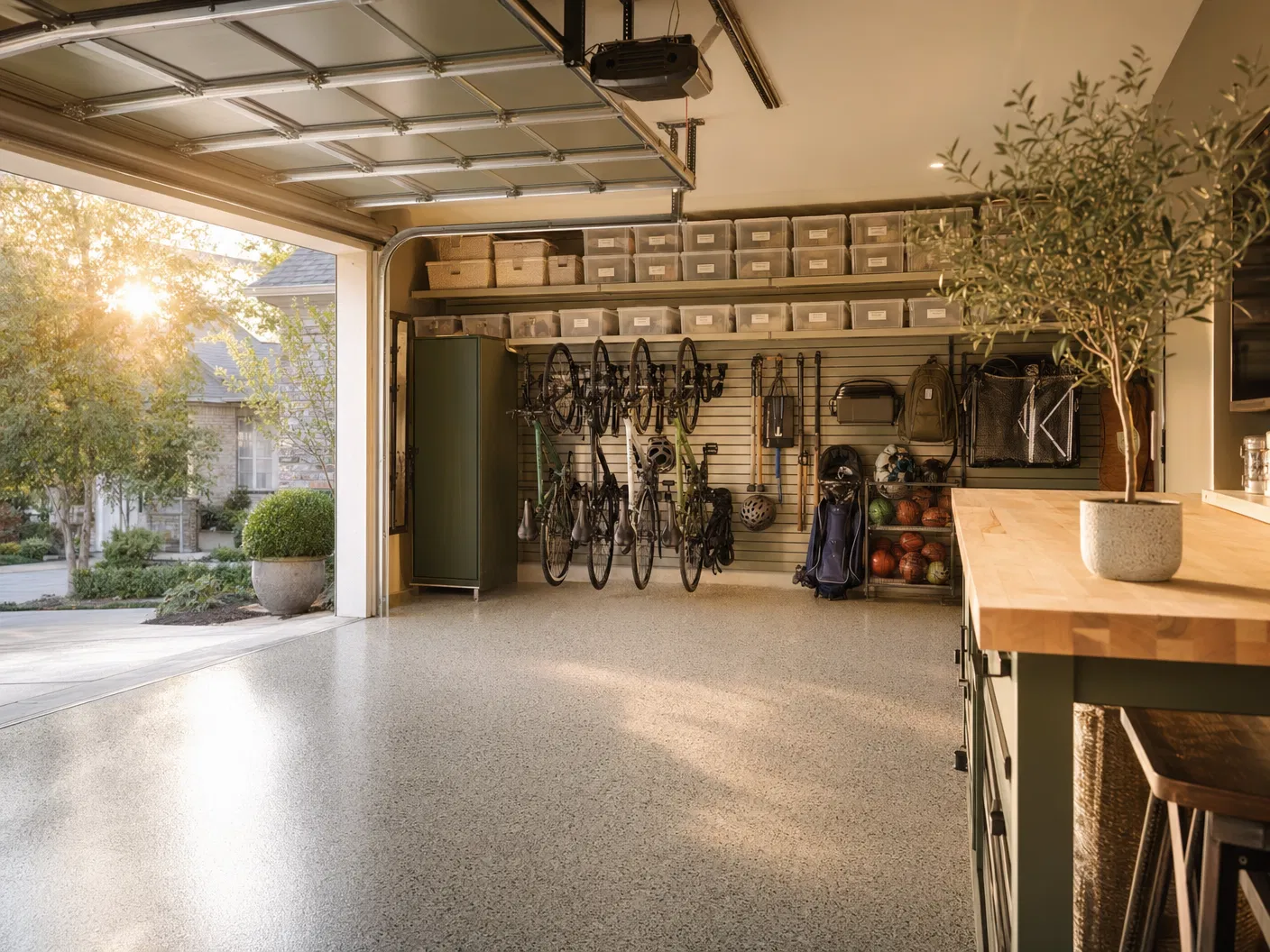 A freshly flipped, organized garage with sage cabinetry and clean epoxy floor
