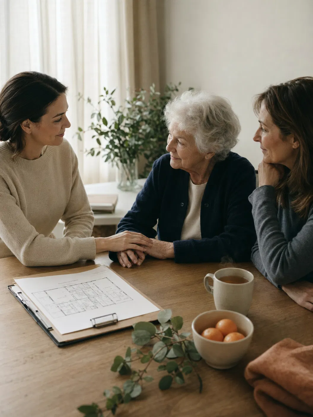 A consultation moment between organizer, senior, and adult daughter at a kitchen table