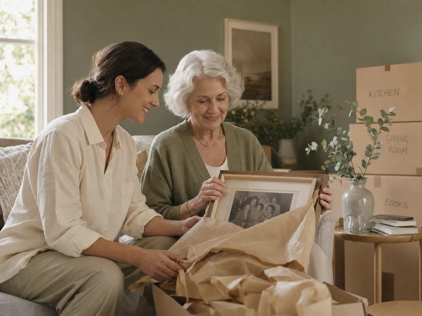 A senior-relocation organizer gently helping a grandmother unwrap a framed family photograph in her newly organized apartment
