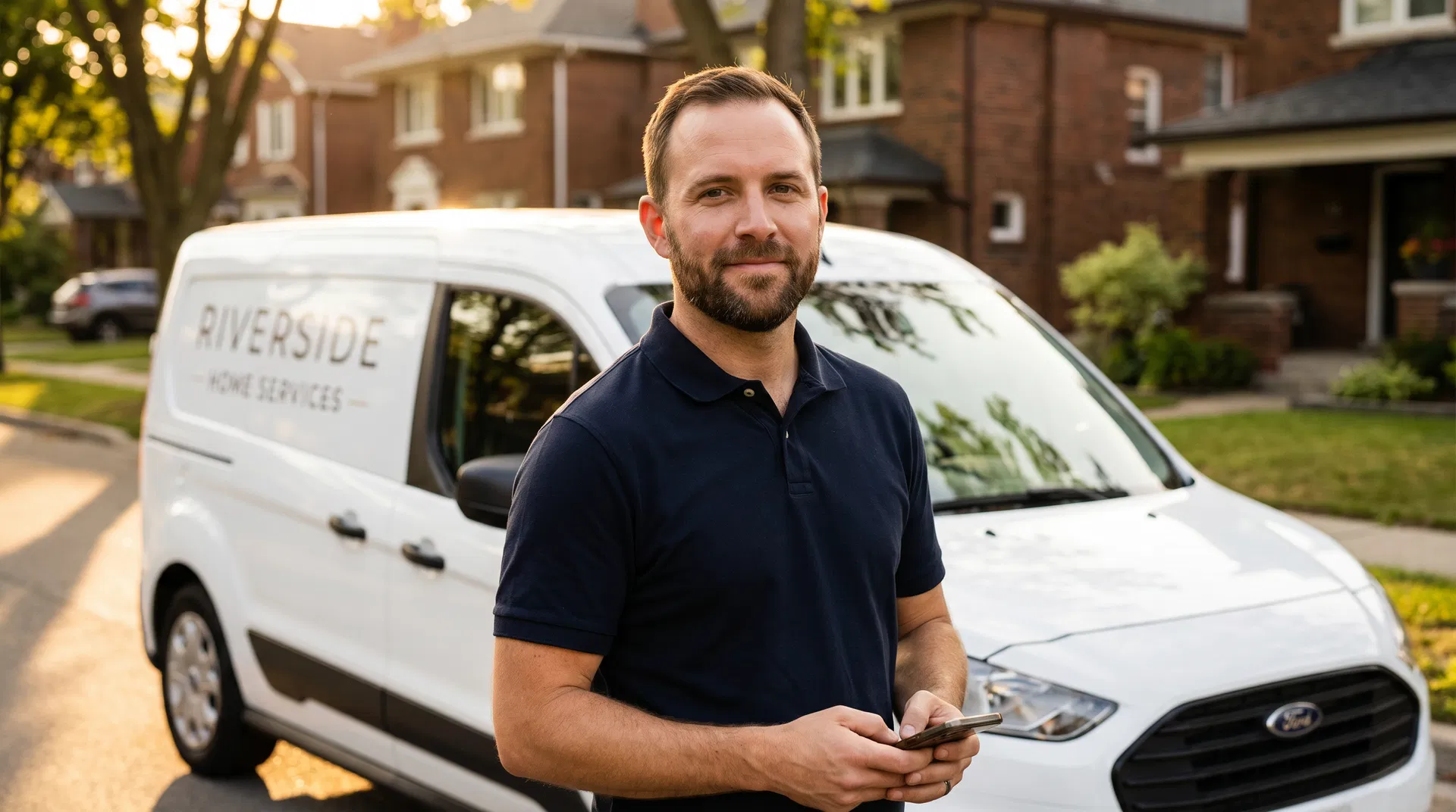 Home services business owner in front of his work van