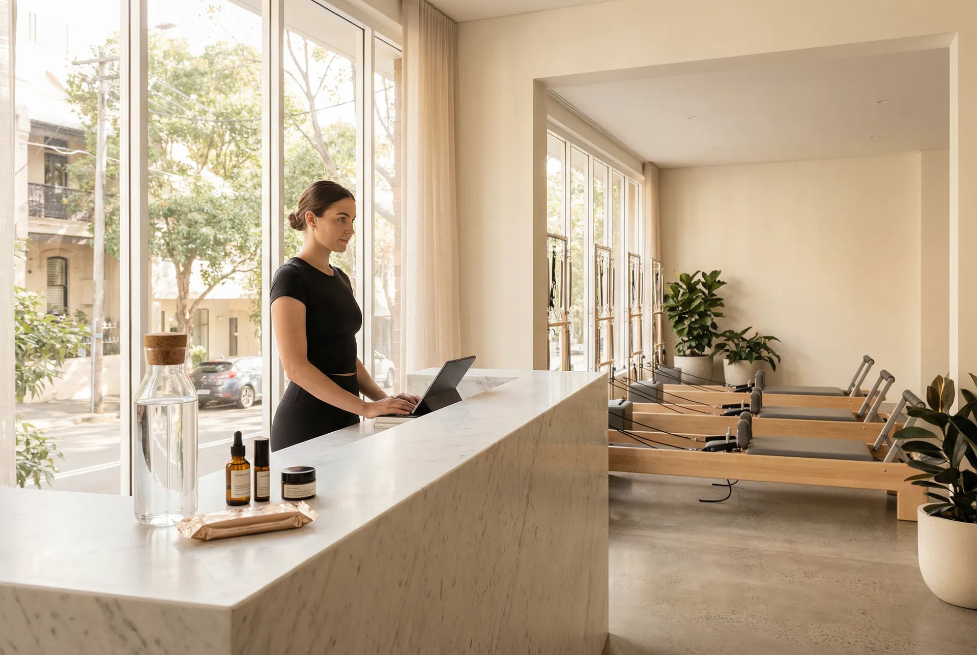 Pilates studio reception with brand collab display, Sydney