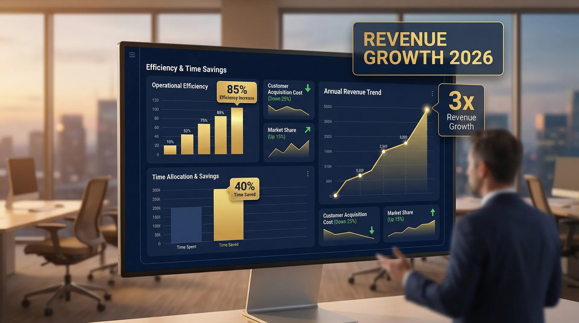 Business growth results showing revenue growth, time saved, and efficiency metrics from AI consulting implementation