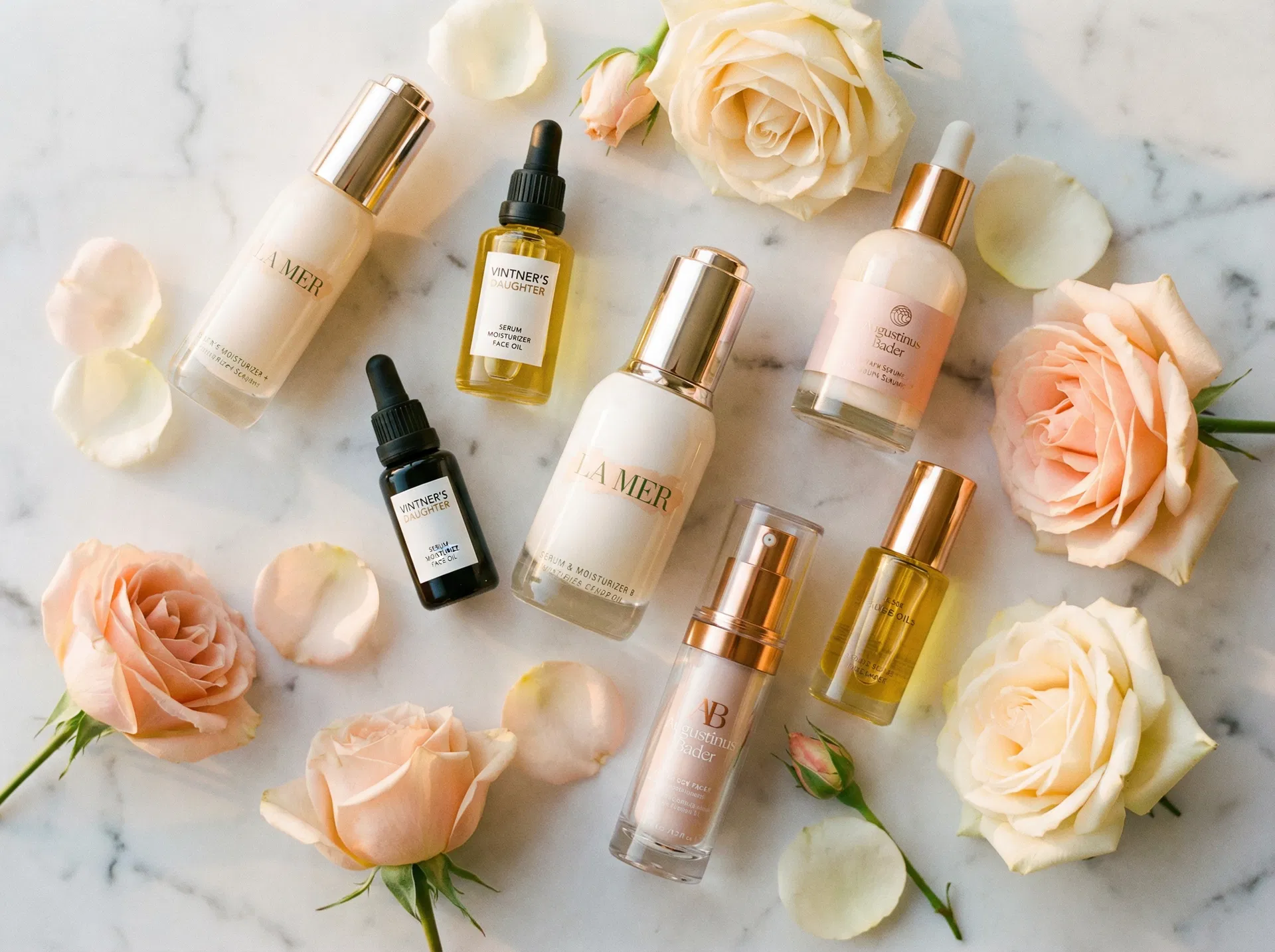 Luxury skincare products flat lay
