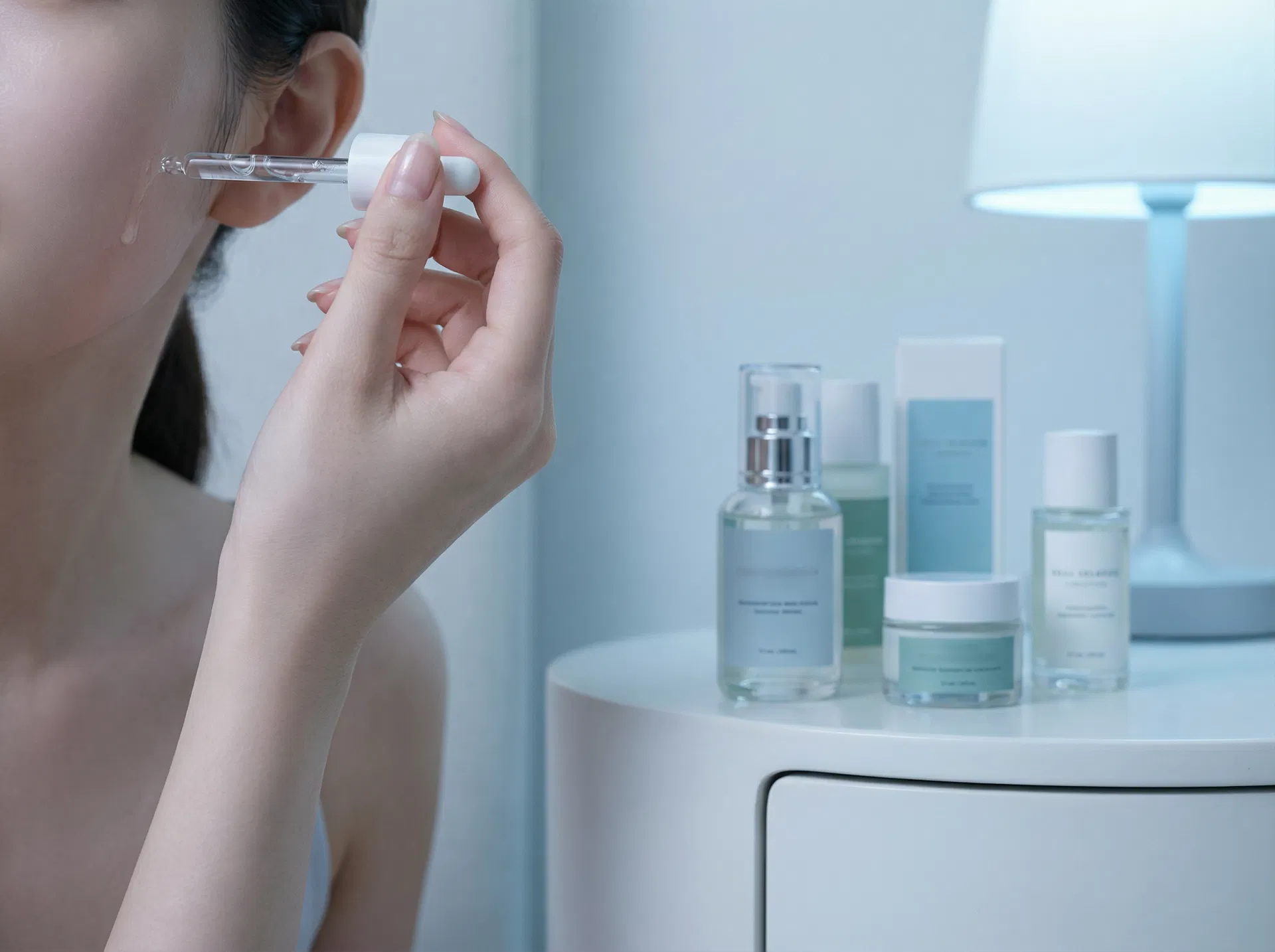 Woman applying expensive skincare serum at night