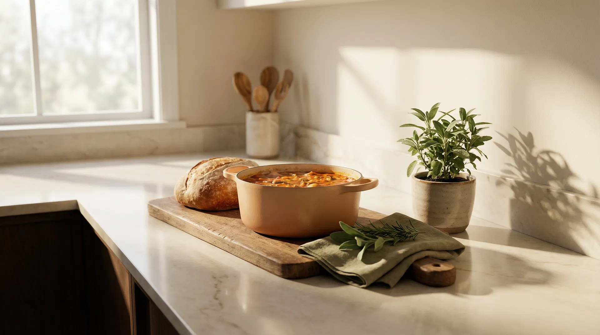 Wholesome home-cooked meal on a sunlit kitchen counter
