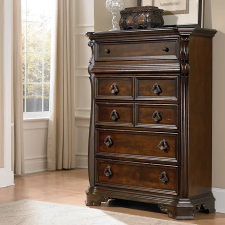 Traditional 6-Drawer Chest with Burnished Brass Hardware.