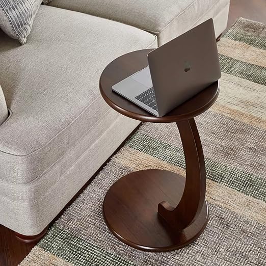 C Shaped Wooden Side Table for Sofa & Bed | Solid Wood Laptop Table | Space Saving End Table for Living Room, Bedroom & Office | Modern Design (Dark Brown, Round)