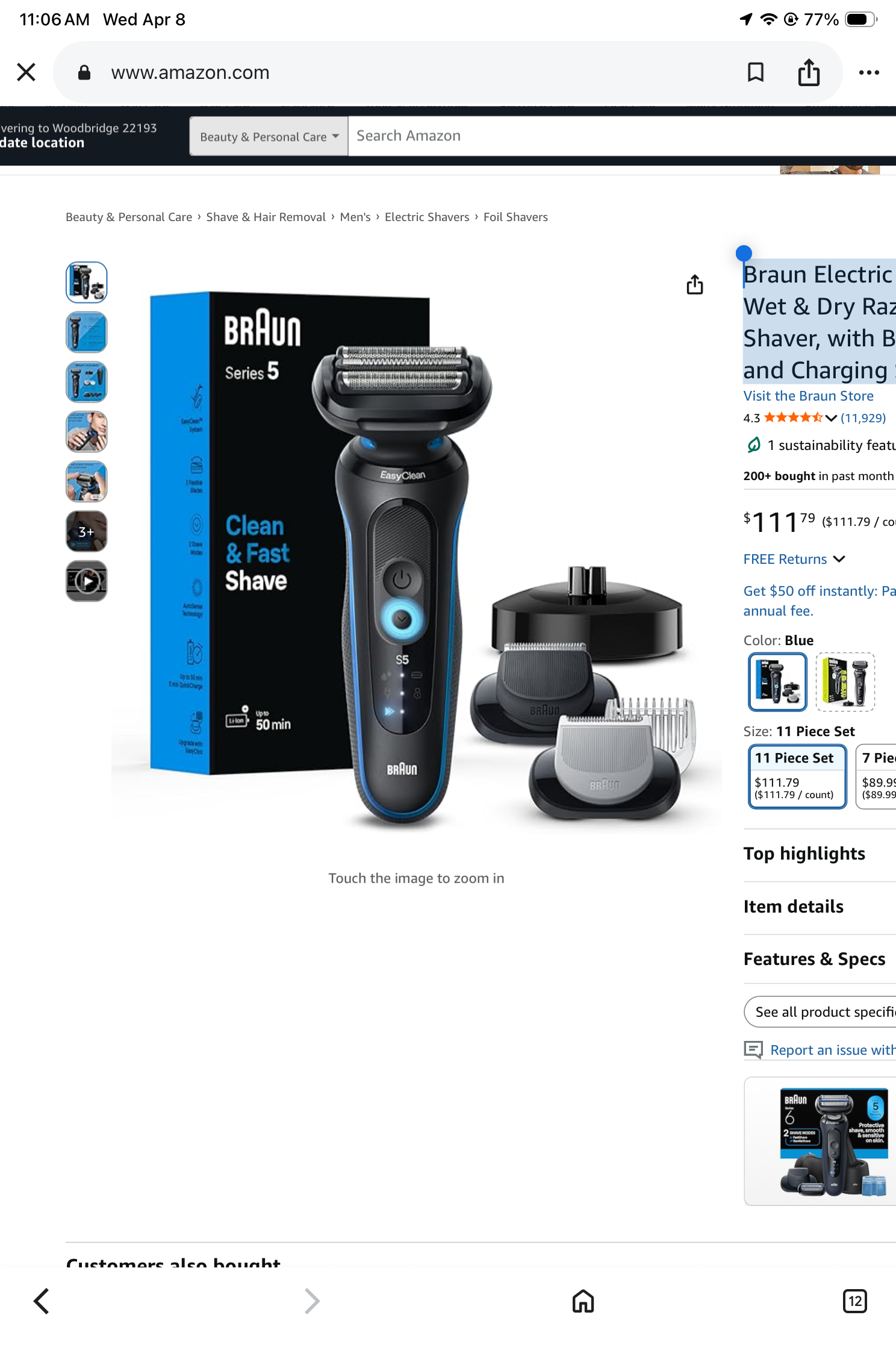 Braun Electric Shaver for Men, Series 5 5150cs, Wet & Dry Razor, Turbo Shaving Mode, Foil Shaver, with Beard Trimmer, Body Groomer and Charging Stand, Blue
