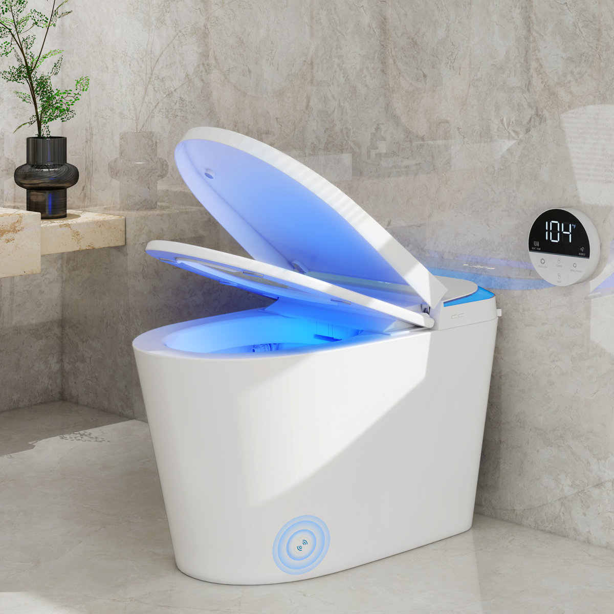 White Smart Toilet With Bidet Features - Automatic Flush, Radar & Foot Sensor Lid, Heated Seat, Bubble Shield, Blue Ambient Light, LED Display & Wireless Remote WYT-OPT12