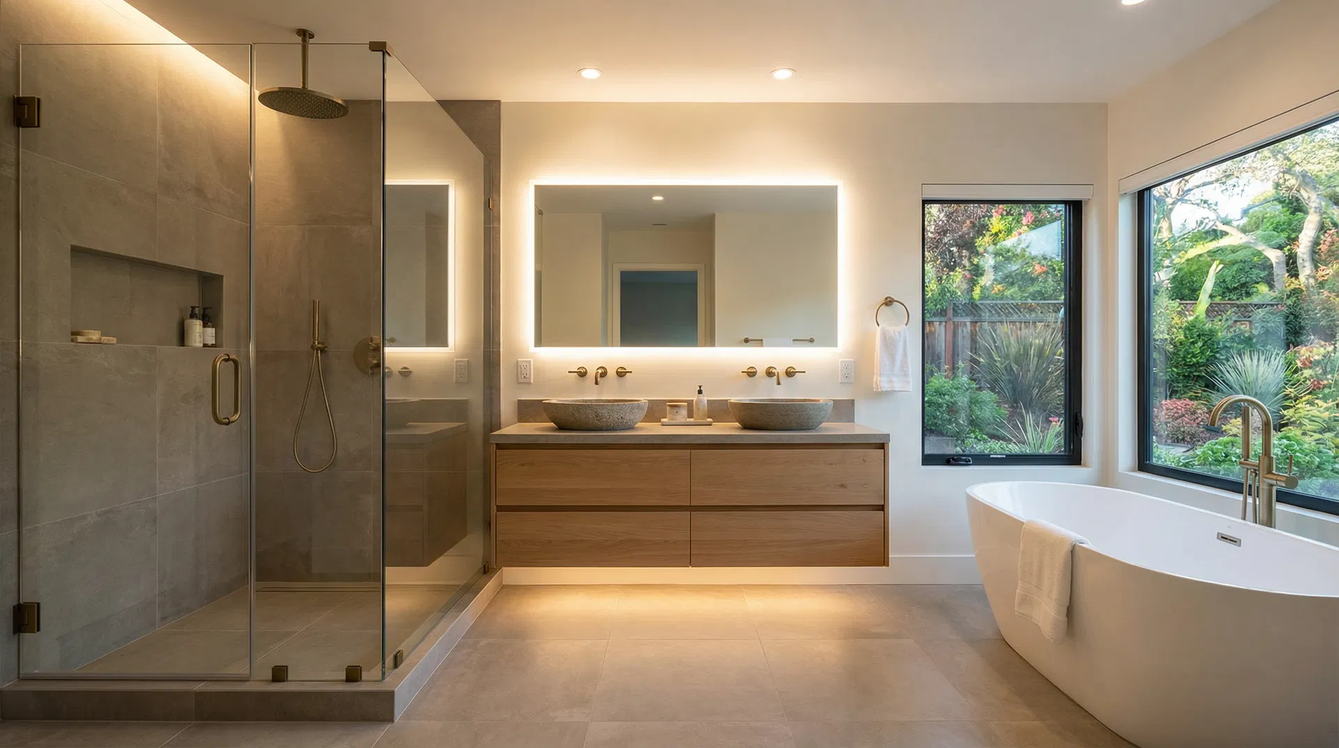 Luxury bathroom remodel with walk-in shower and modern vanity by Excove Builders in Rodeo CA