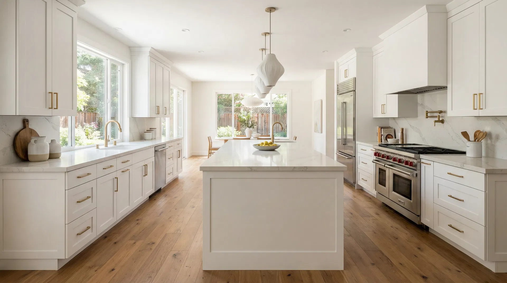 Modern kitchen remodel with white cabinets and quartz countertops by Excove Builders in Rodeo CA