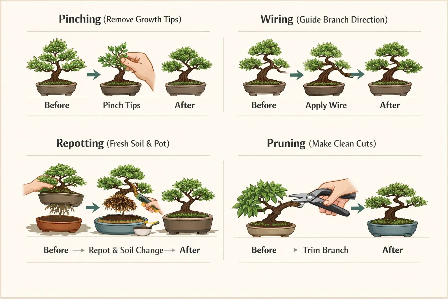 Técnicas de pinzado, alambrado, repoteo y poda