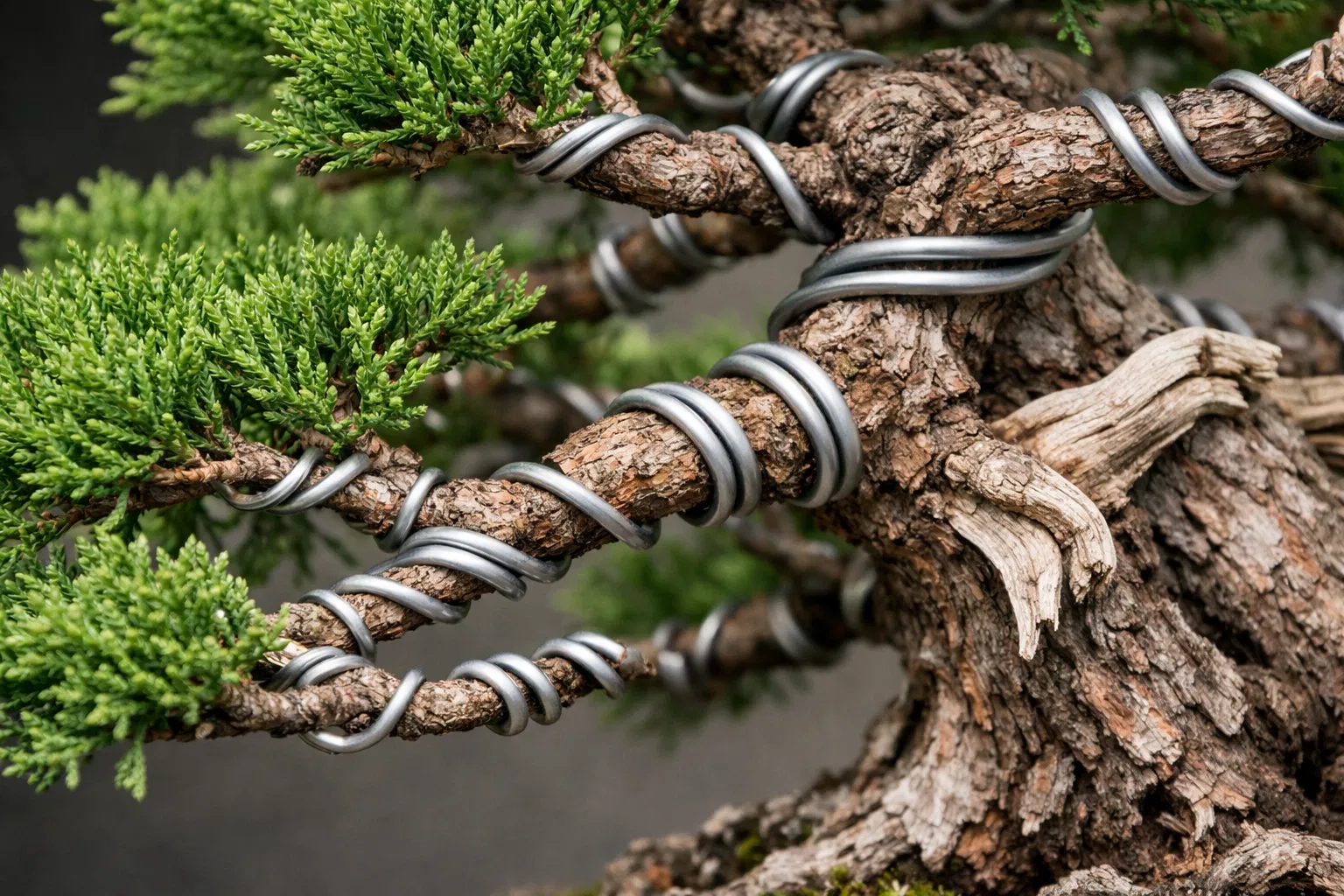 Técnica de alambrado estratégico en bonsái de junípero