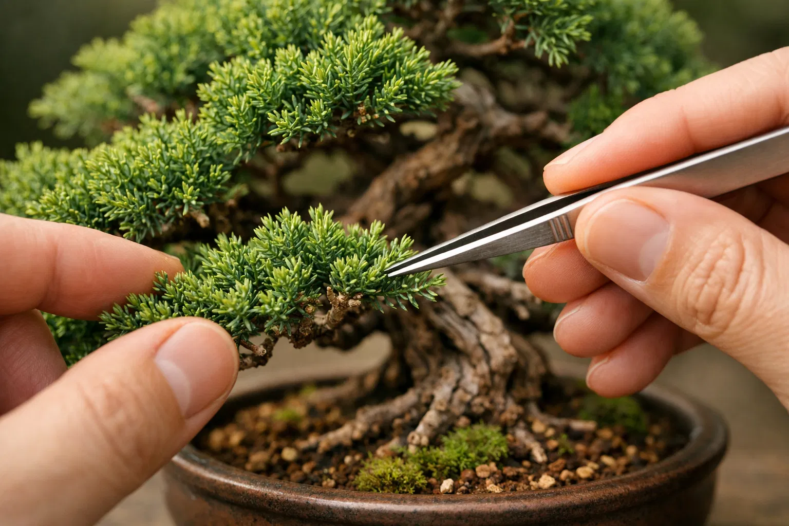 Técnica de pinzado progresivo en bonsái de junípero