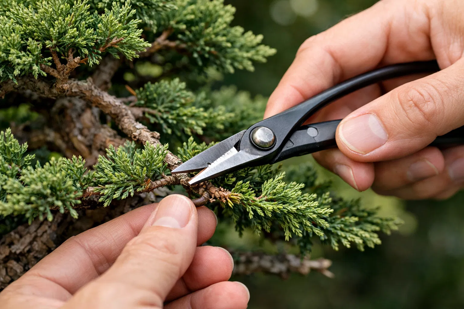 Técnica de poda selectiva en bonsái de junípero