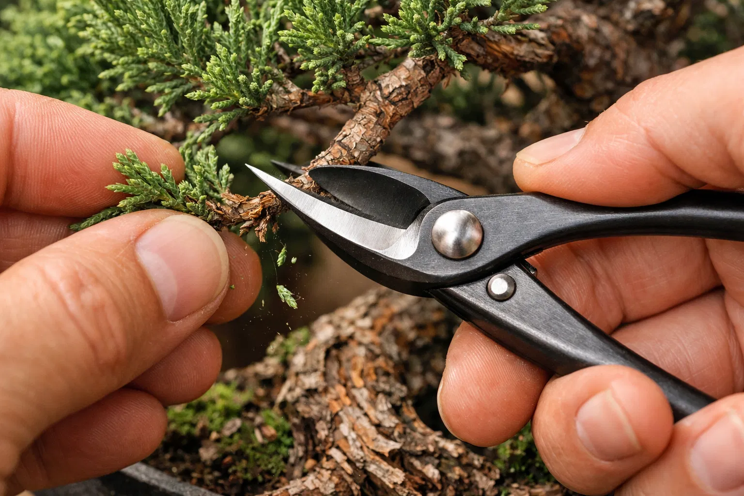Técnica de poda de bonsái con tijeras