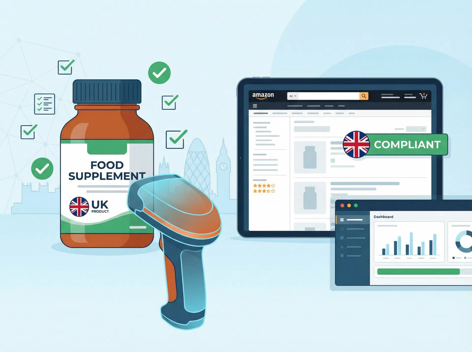 Amazon UK food supplement label compliance checker showing product bottle with compliance verification and Amazon marketplace interface