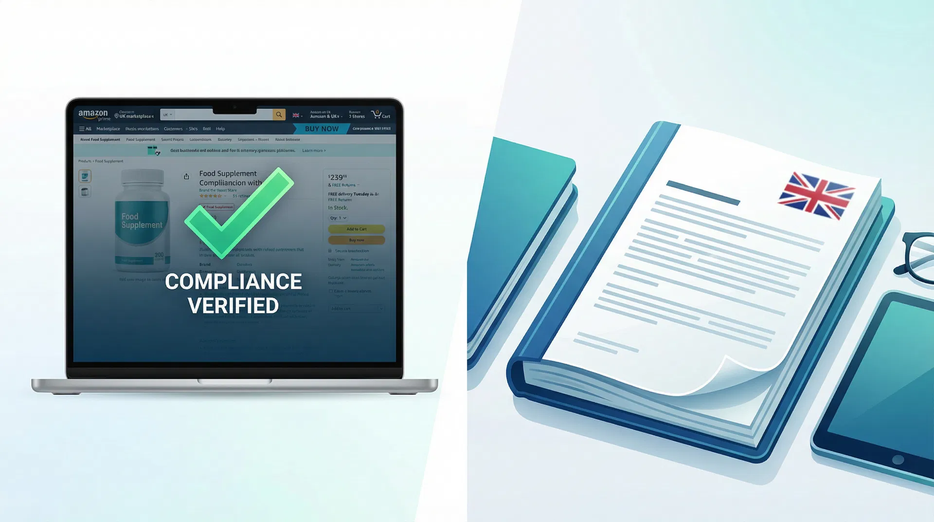 Amazon UK marketplace compliance checker and UK regulatory compliance document side by side showing new services coming soon