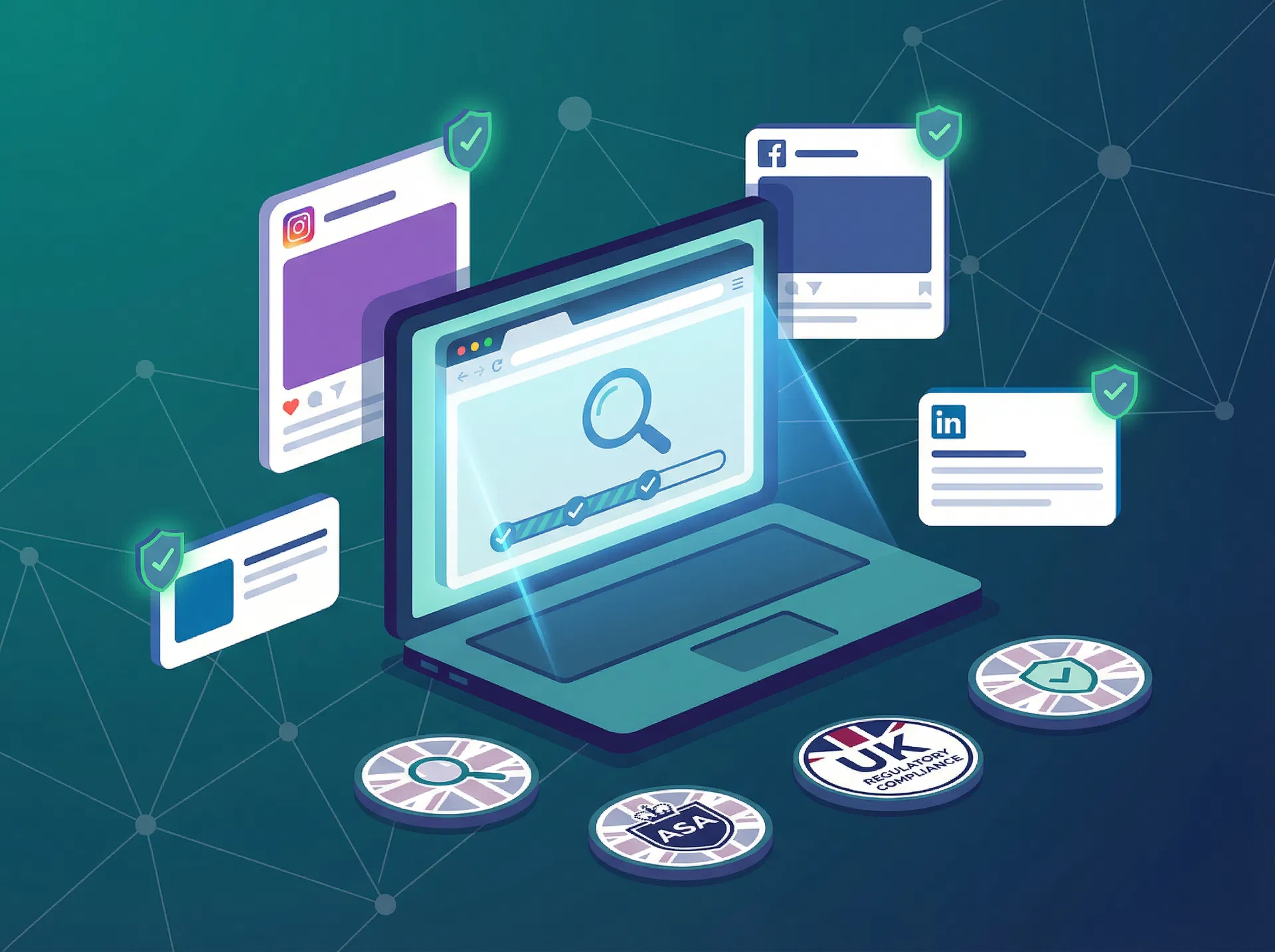 Digital and marketing compliance checker scanning website and social media posts including Instagram Facebook LinkedIn for UK ASA and regulatory compliance