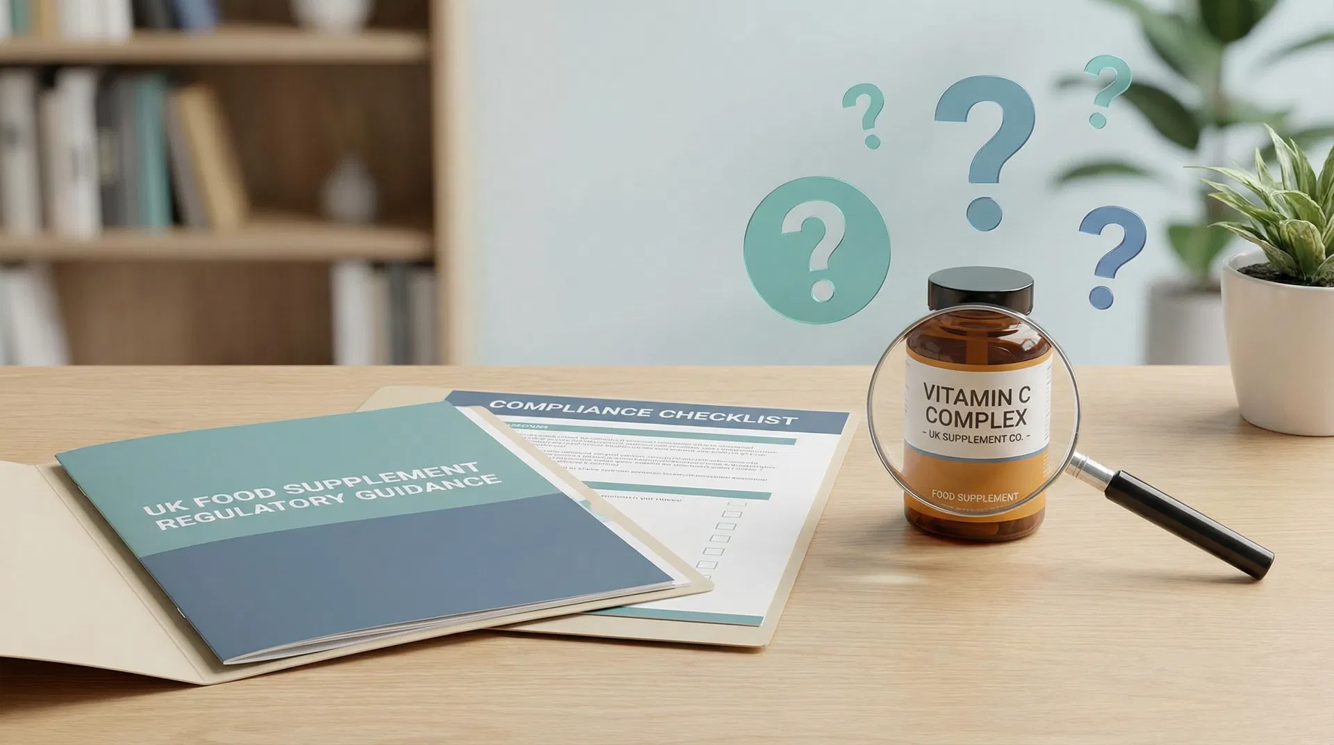 UK food supplement regulatory guidance documents and compliance checklist on professional desk