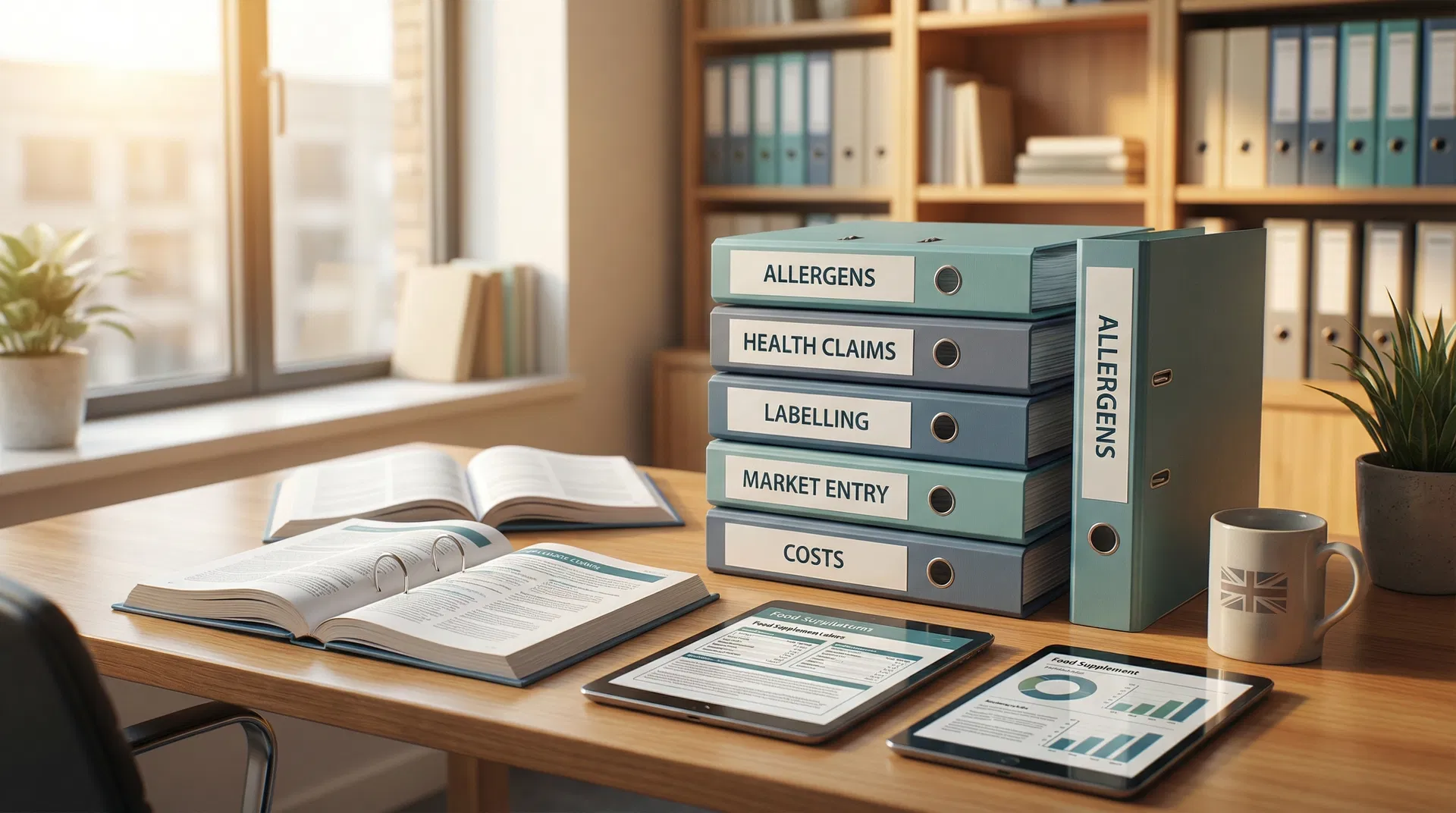 UK food compliance resources library with organised regulatory binders and digital tablets