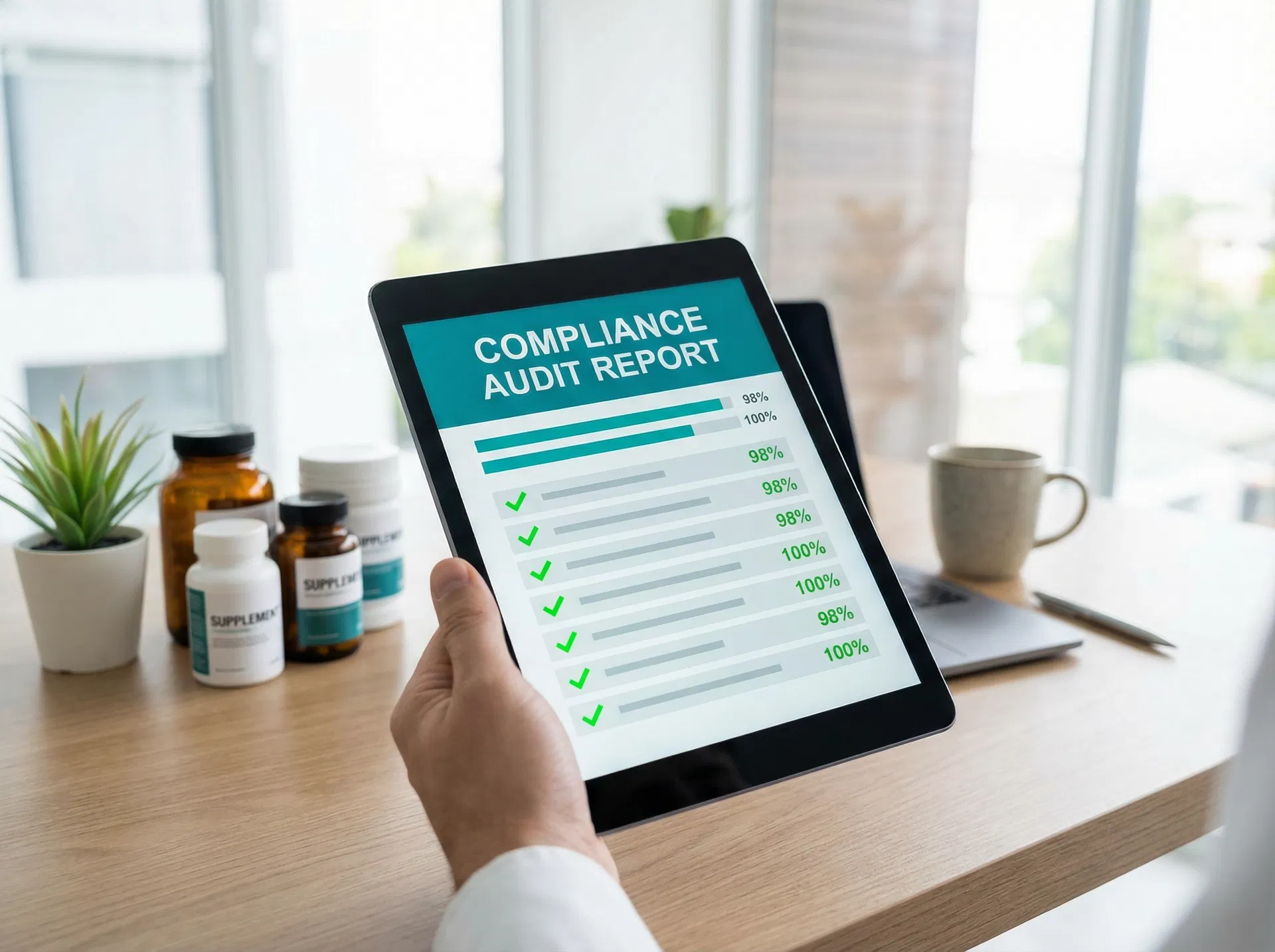 Compliance audit report on tablet showing detailed checklist with green checkmarks and compliance scores