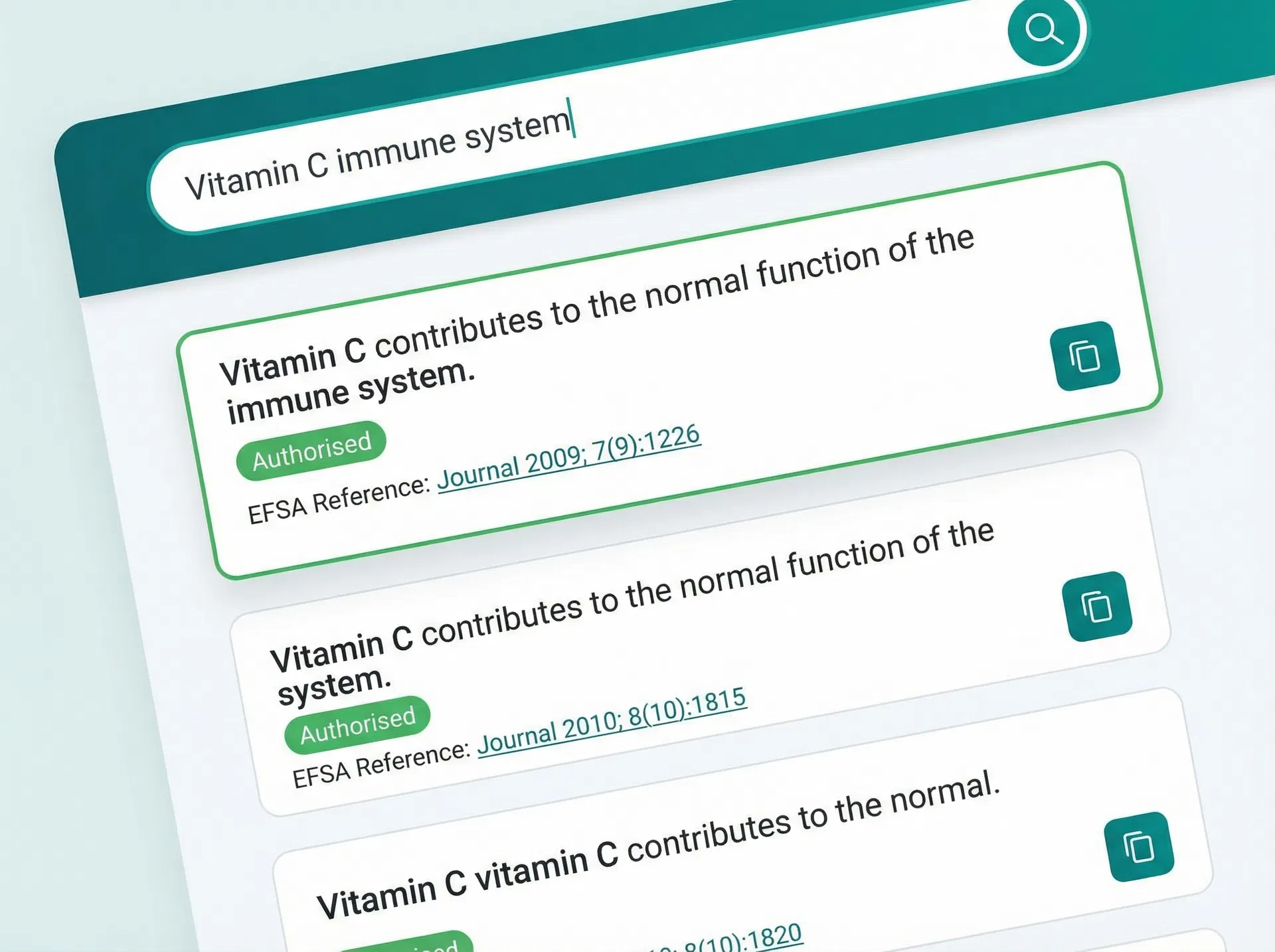 Health claims validation interface showing authorised Vitamin C immune system claim with EFSA reference