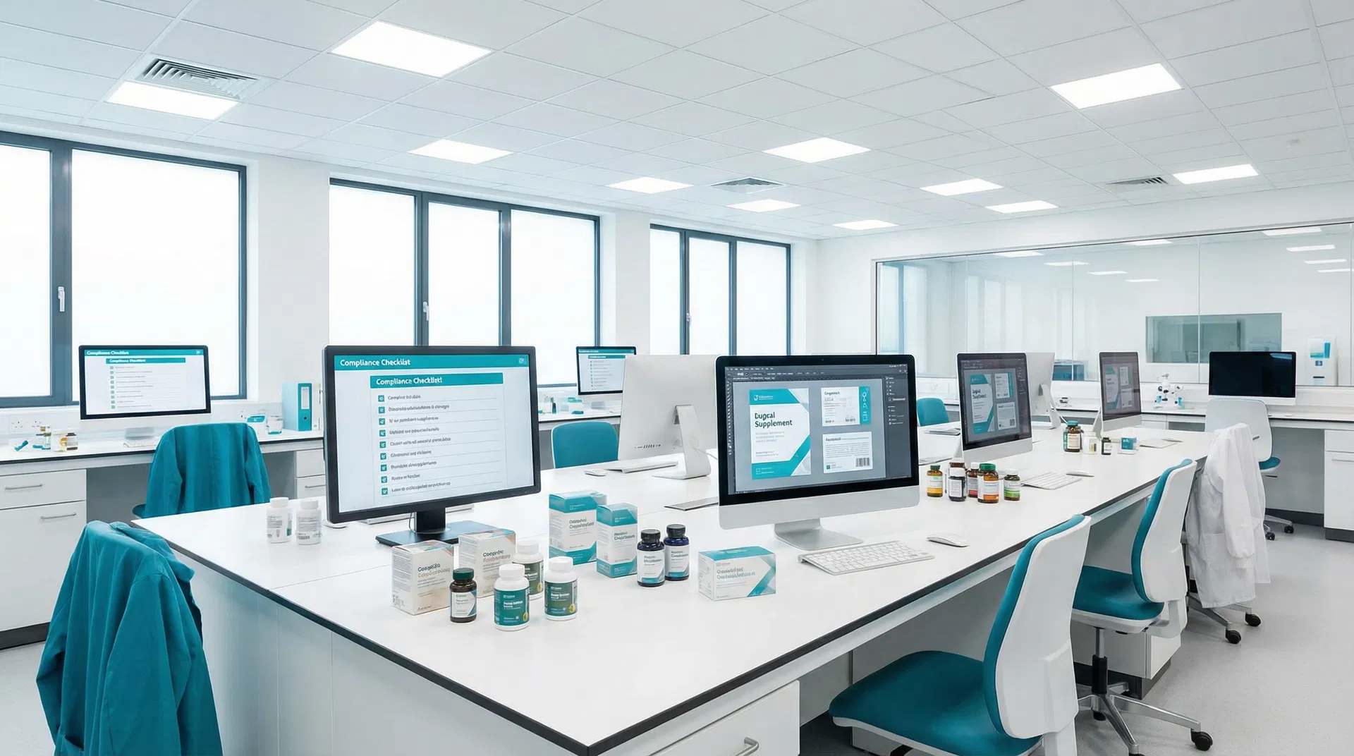 Food supplement compliance laboratory with multiple screens showing compliance checklists and label designs