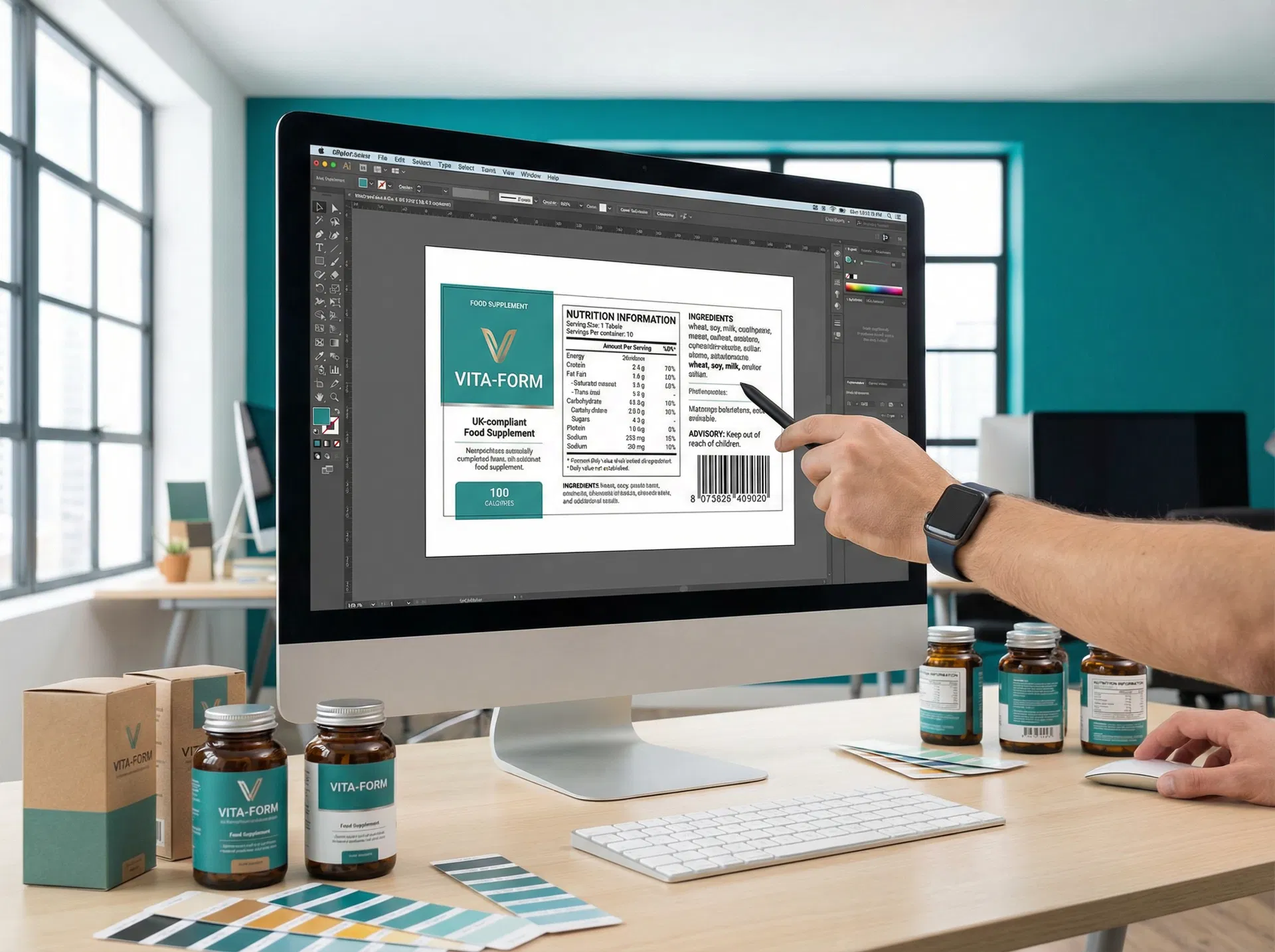Food supplement label being designed on a computer monitor showing UK-compliant label with nutrition information, ingredient list with bold allergens, and barcode