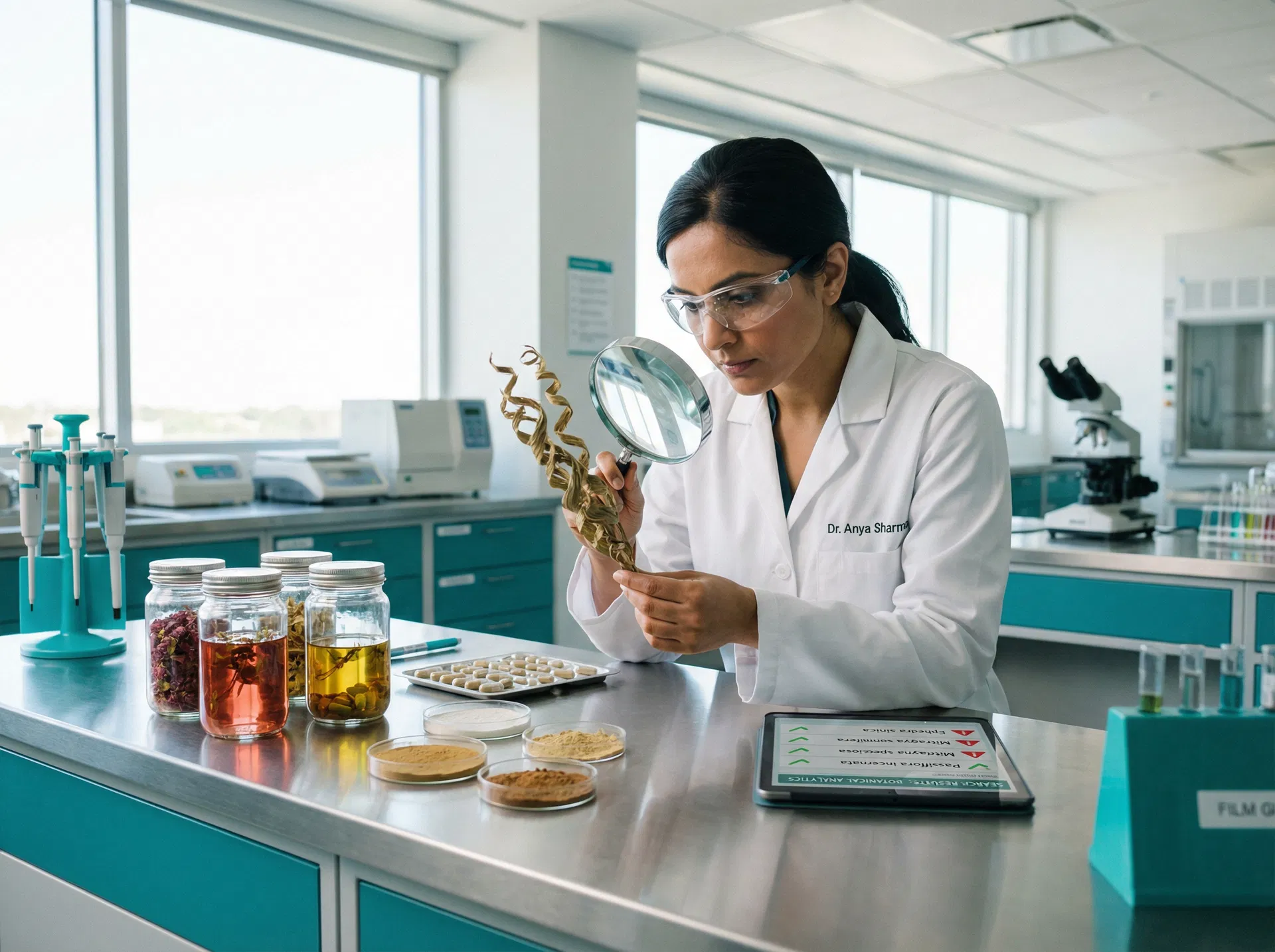 Novel food ingredient analysis in laboratory with scientist examining botanical specimens and database results