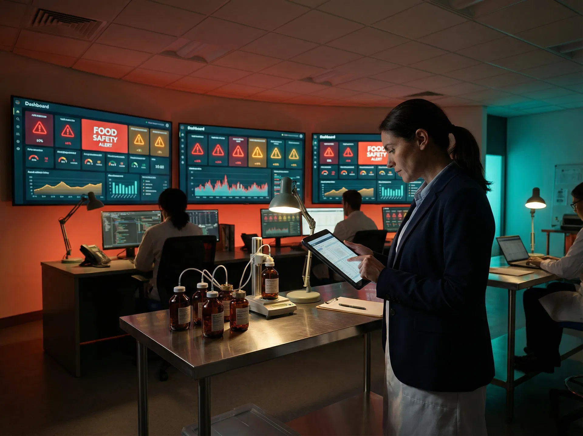 RASFF food safety alert monitoring centre with multiple screens showing warning dashboards and food safety notifications