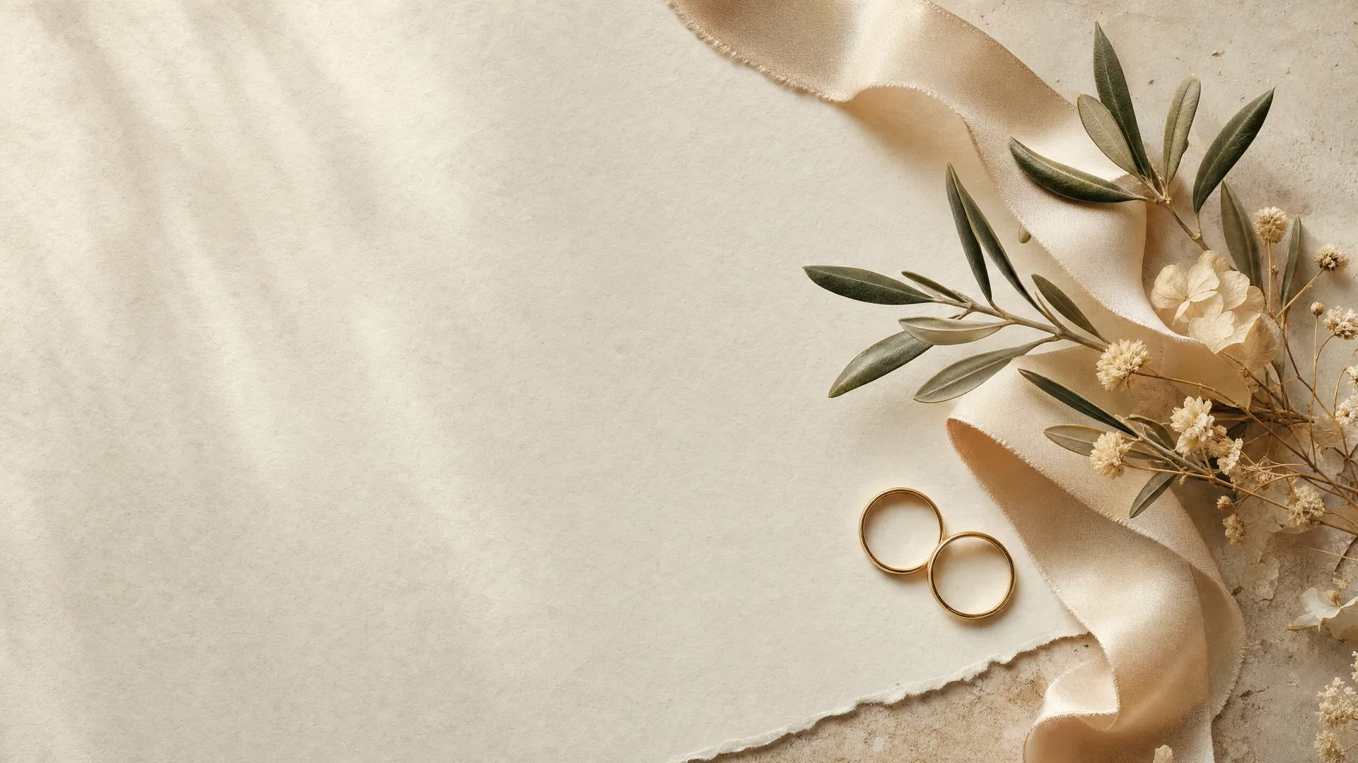Весільні обручки, шампанська стрічка та оливкові гілки на теплому handmade-папері