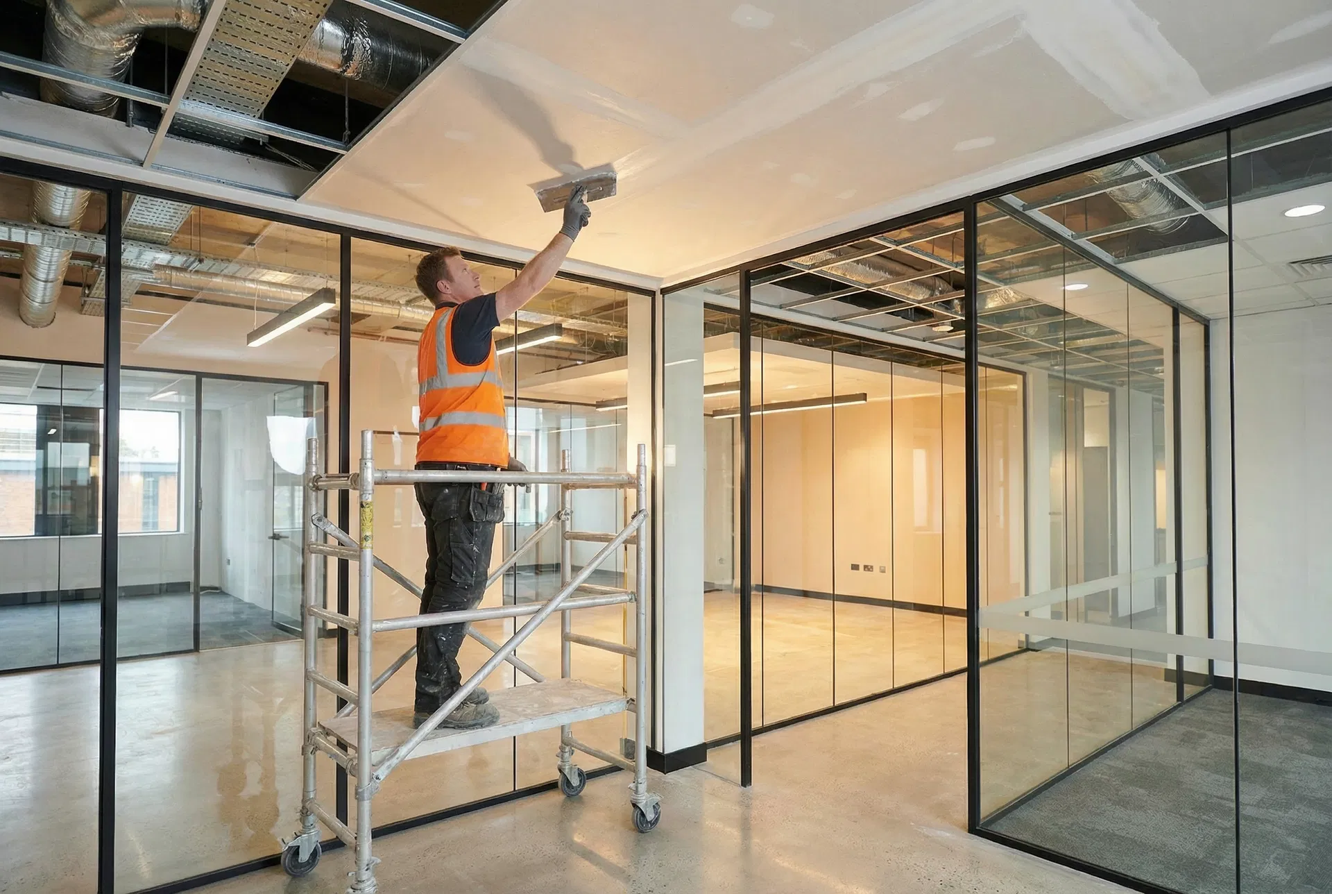 Office ceiling finishing — glass partitions