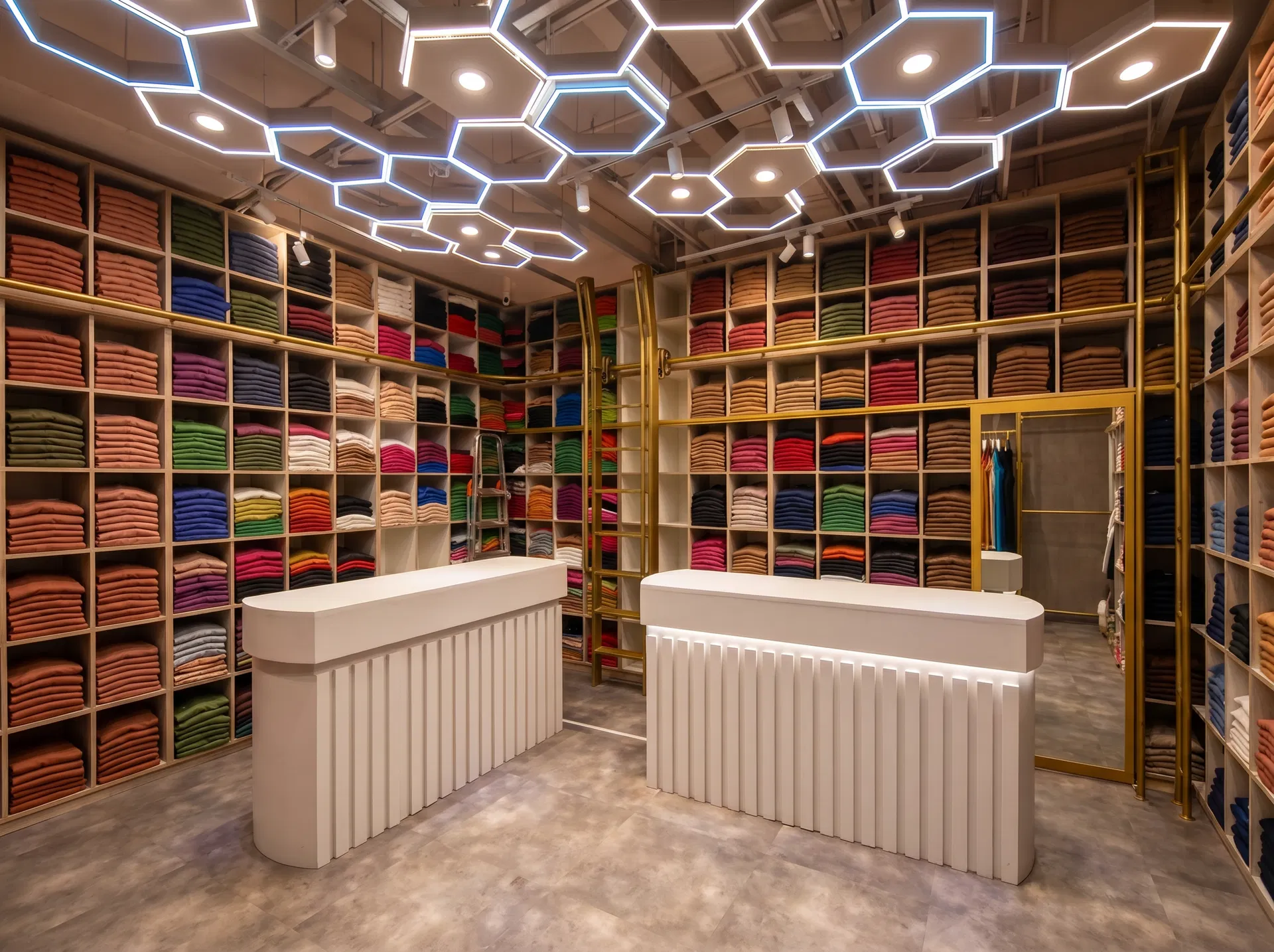 Interior da loja Tee Fashion &mdash; vis&atilde;o panor&acirc;mica com pe&ccedil;as OI 2026